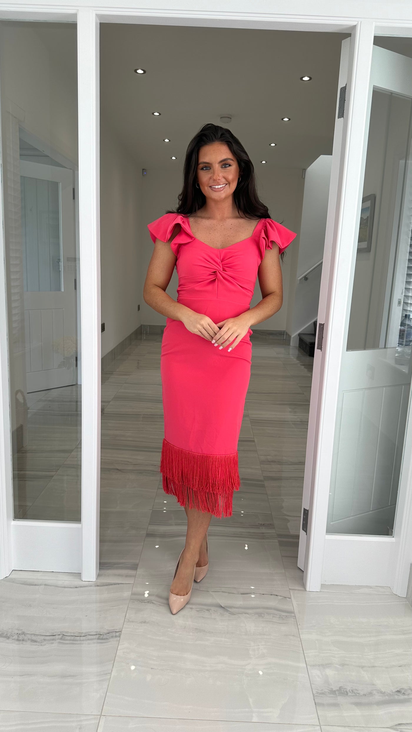 Coral Frill Sleeve Midi Dress Fringe Hem