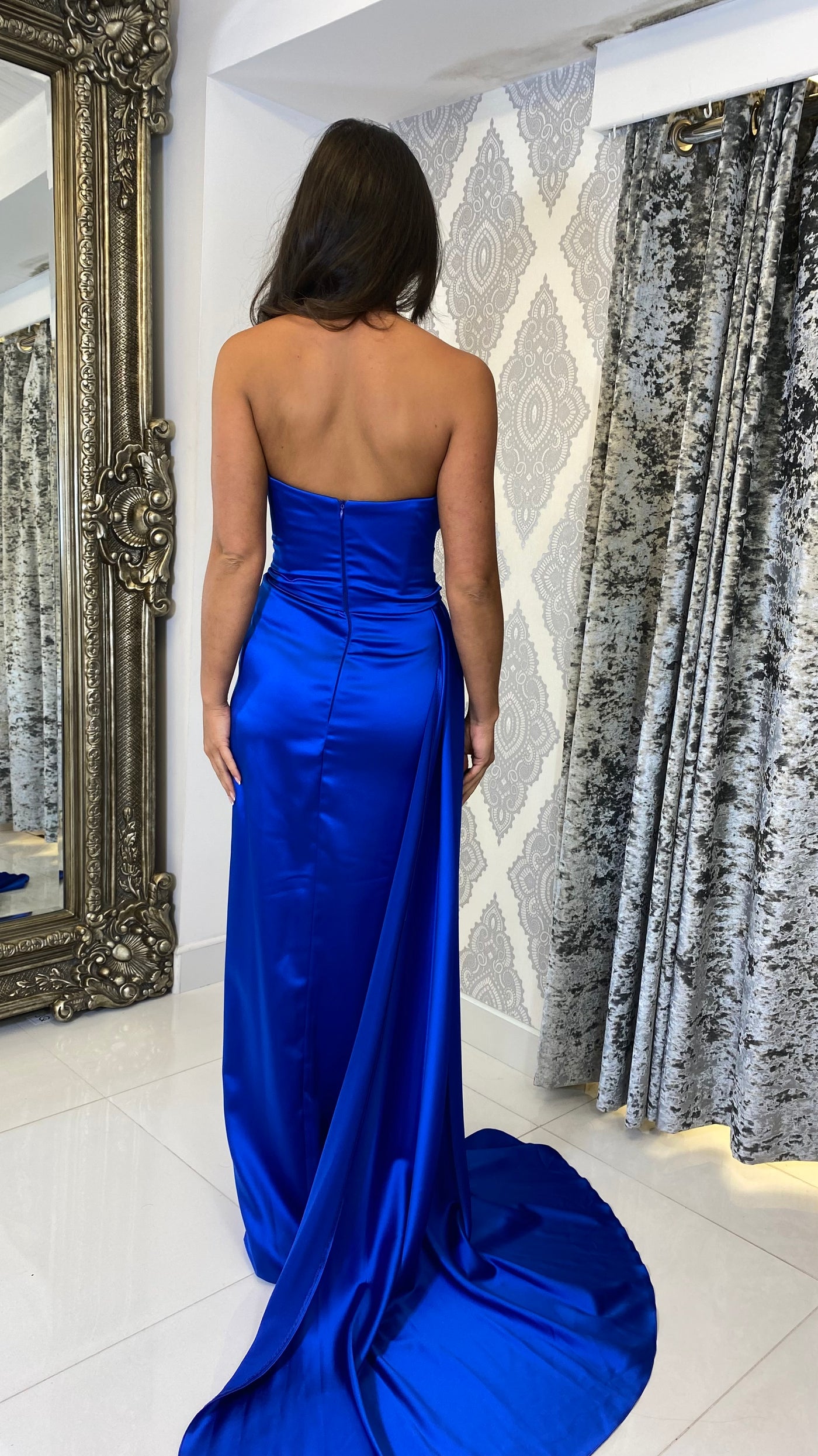 Royal Blue Ruched Strapless Full Length Gown