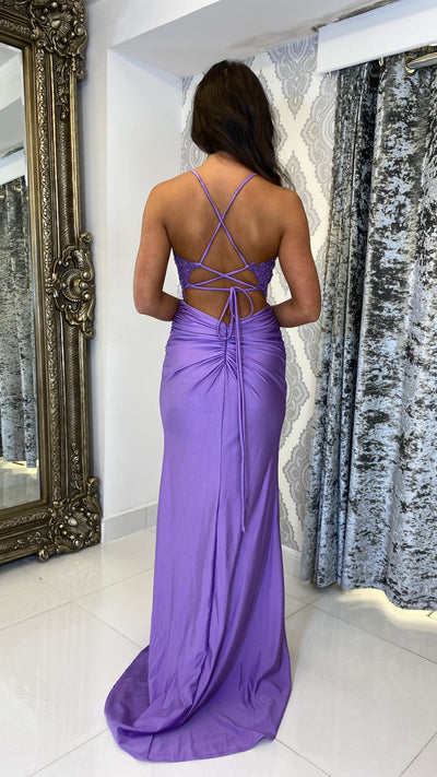 Embellished Corset Detailed Lilac Lace Formal Gown