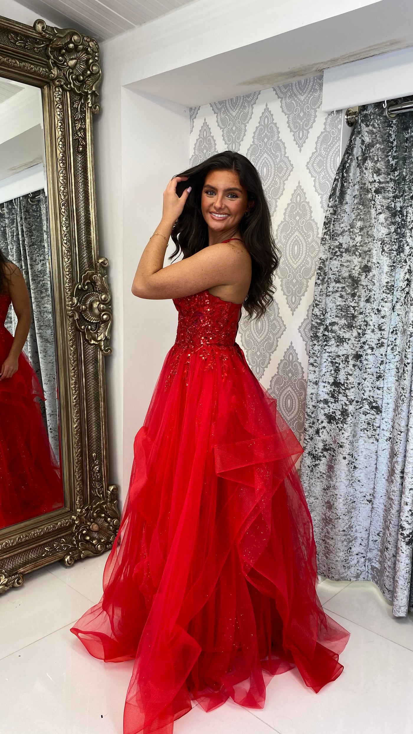 Red Tiered Skirt Corset Ball Gown