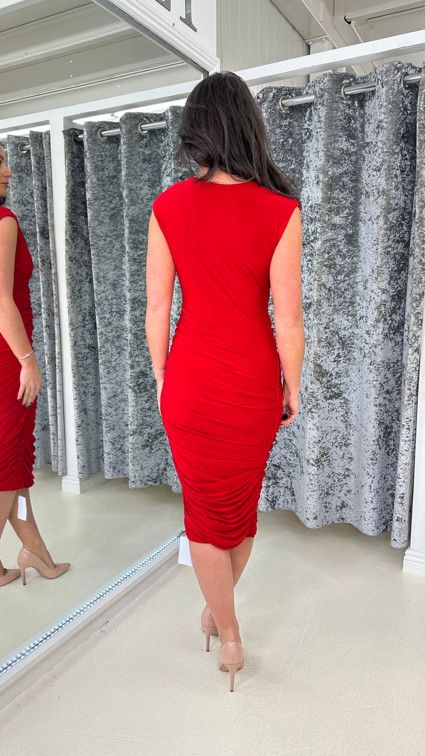 Red Ruched Jersey Midi Dress