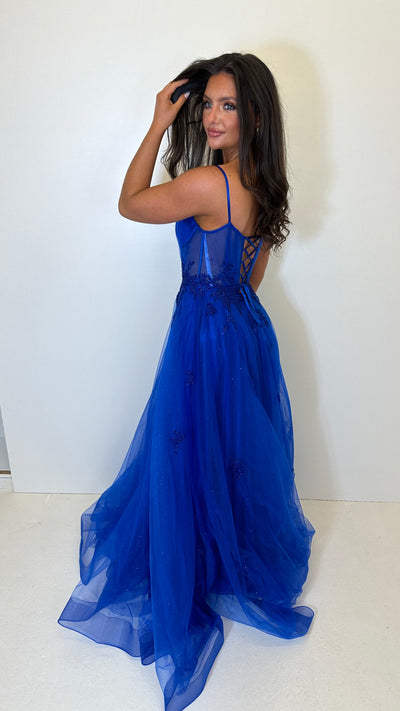 Royal Blue Corset Lace Sparkle Ball Gown