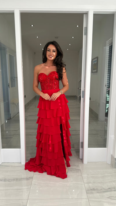 Red Strapless Sweetheart Ruffle Skirt Gown