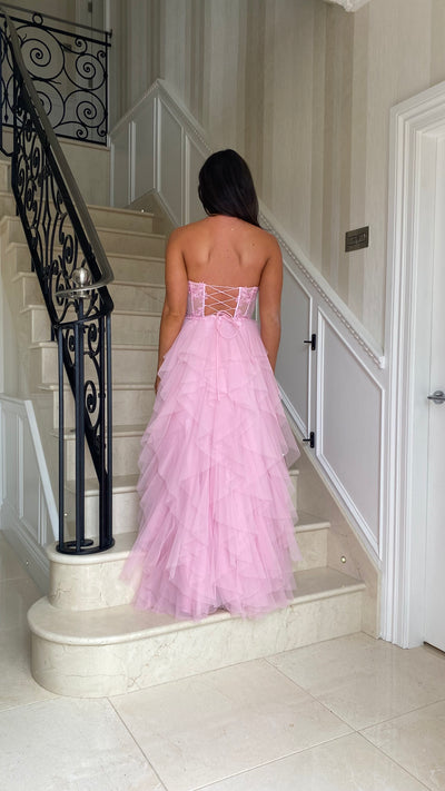 Bubblegum Pink Tiered Ruffle Skirt Corset Strapless Prom Gown