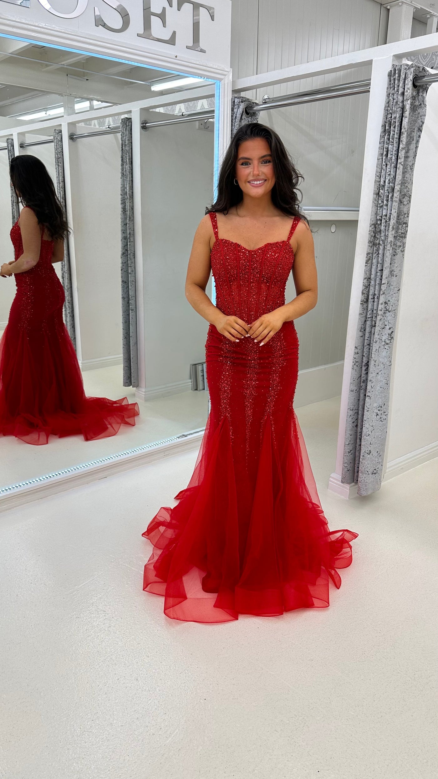 Red Sequin Corset Style Fishtail Full Length Gown