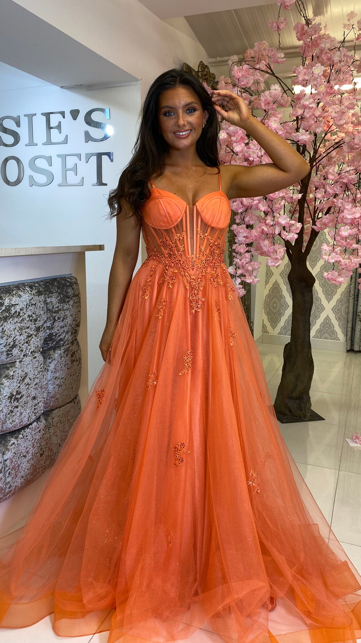 Orange Corset Lace Sparkle Ball Gown