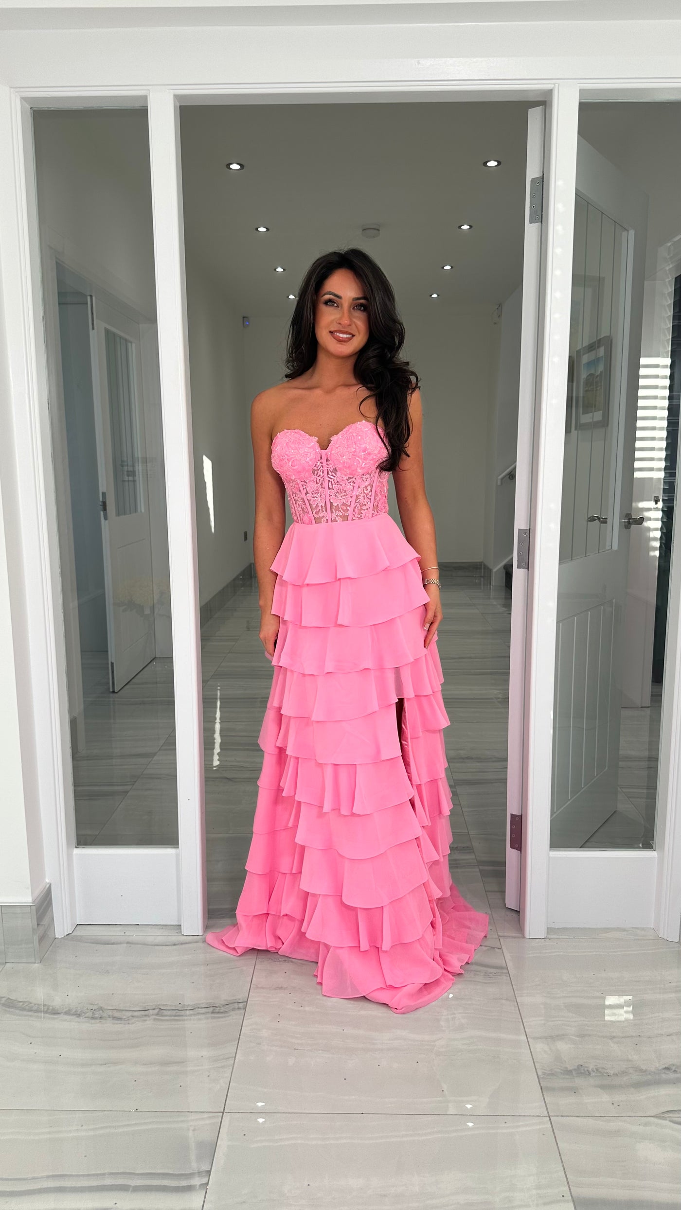 Pink Strapless Sweetheart Ruffle Skirt Gown