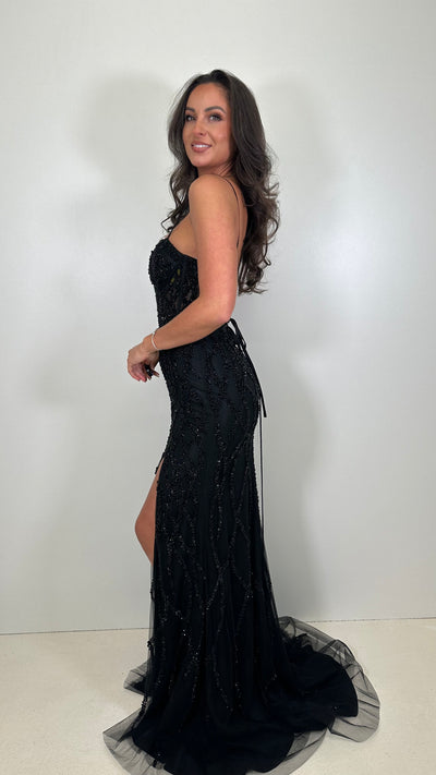 Black Beaded Corset Style Tie Back Prom Gown