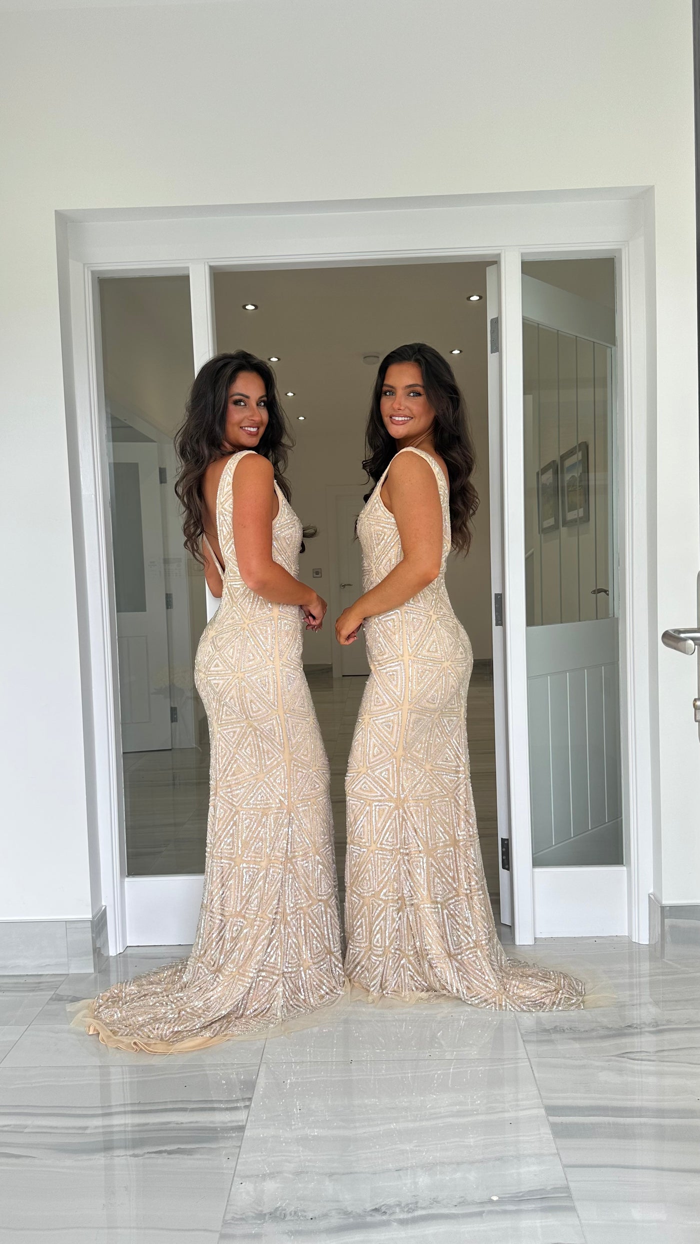 Nude/Champagne Sequin V-Neck Low Back Full Length Gown