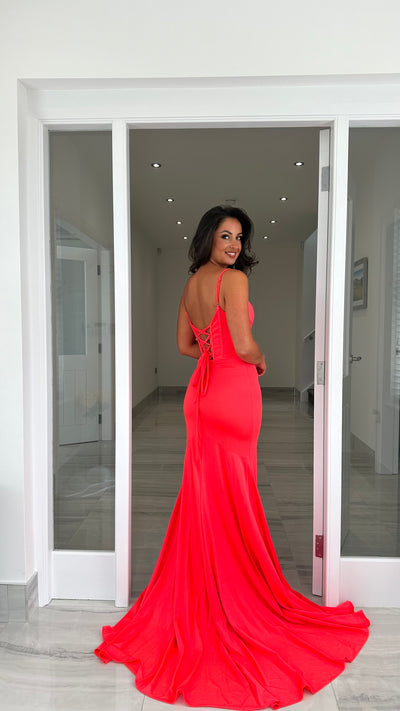 Bright Coral Corset Style Prom Dress