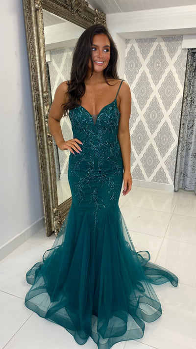 Green Skinny Strap Corset Fishtail Prom Dress