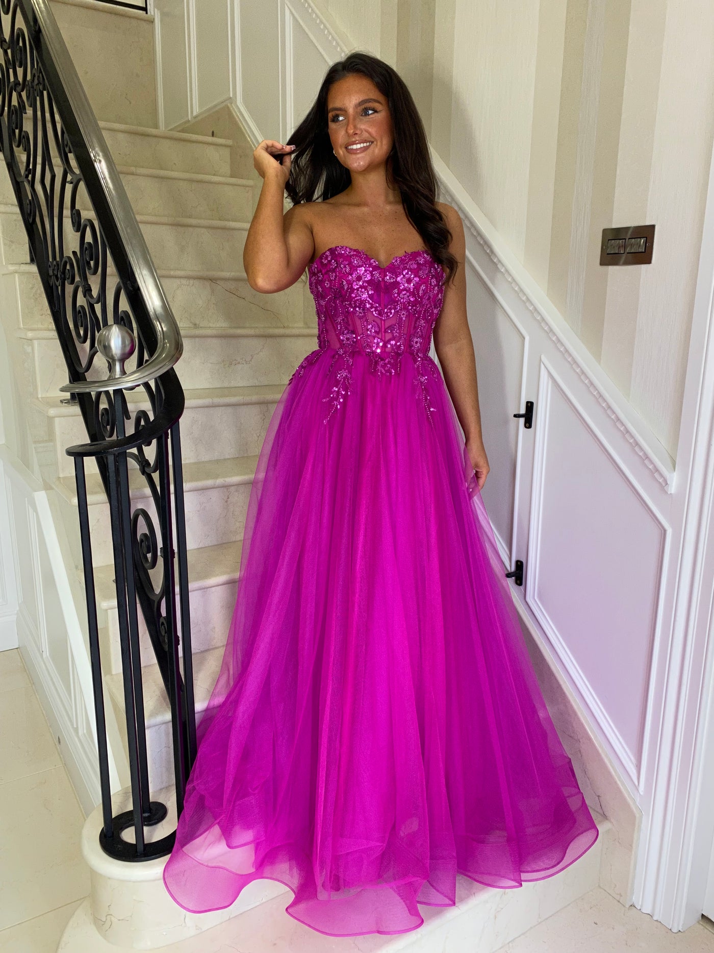 Magenta Mesh Corset Strapless Ball Gown