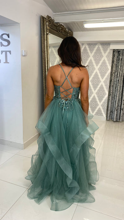 Sage Green Tiered Skirt Corset Ball Gown