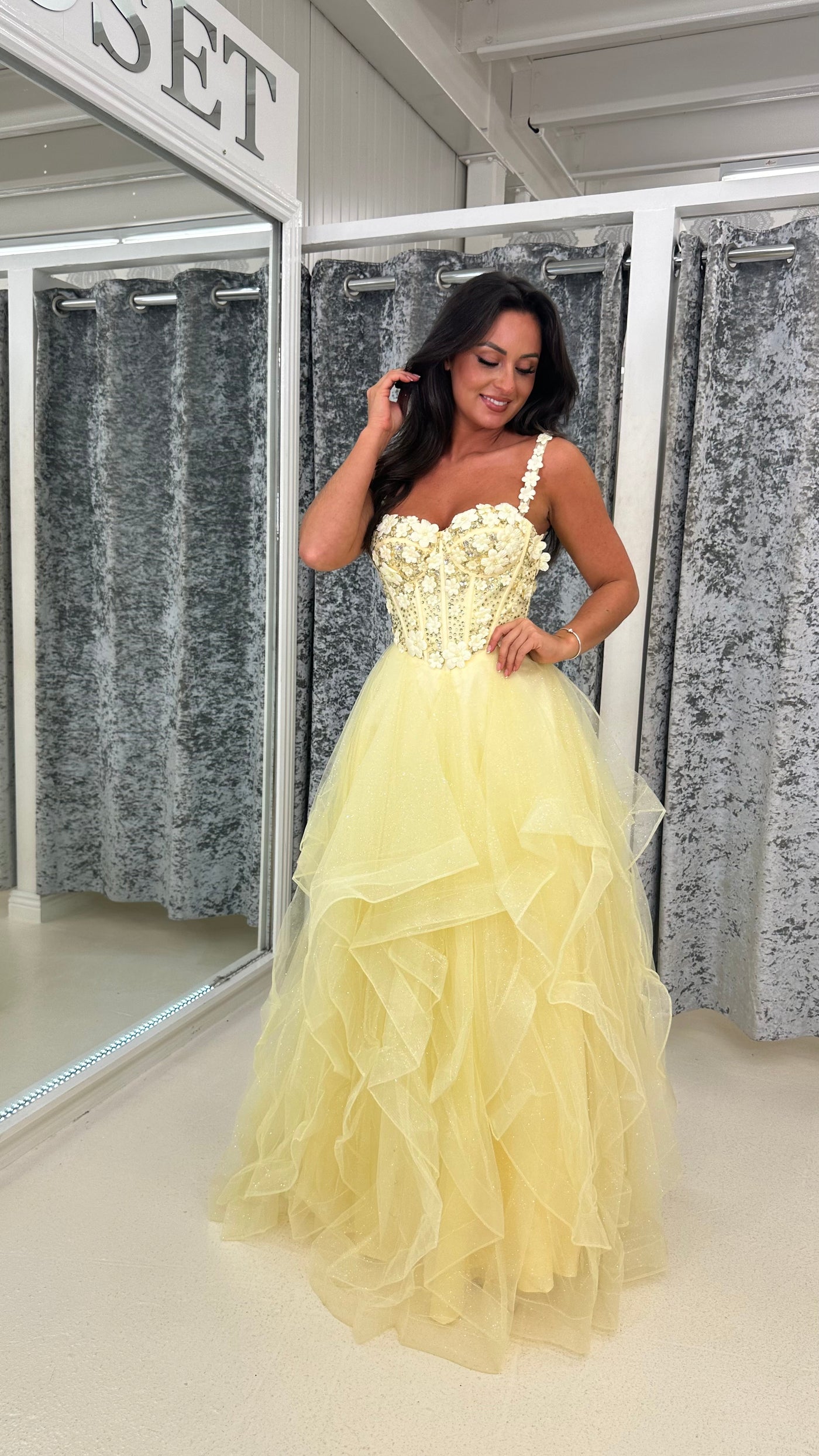 Lemon Flower Embroidery Corset Tiered Skirt Ball Gown