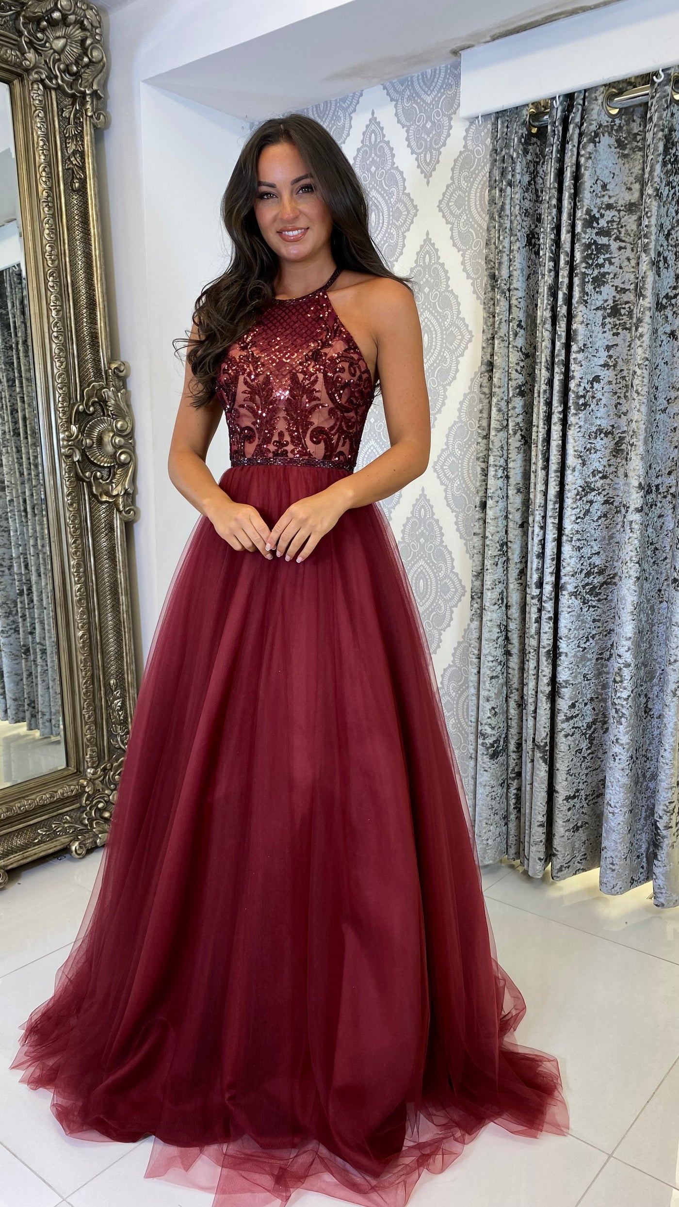 Burgundy Sequin Top Halterneck Ball Gown