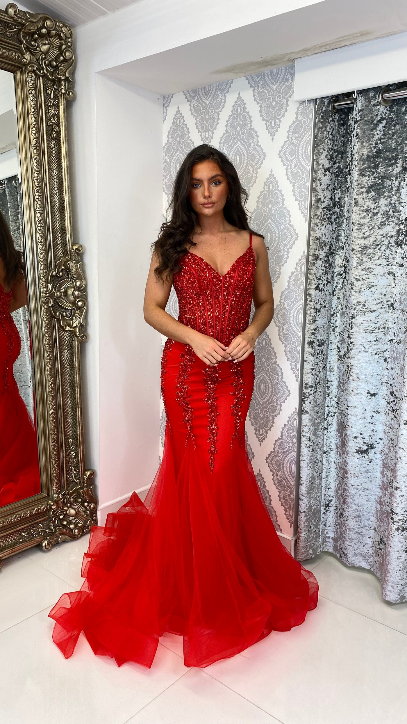 Red Jewell Corset Fishtail Prom Dress