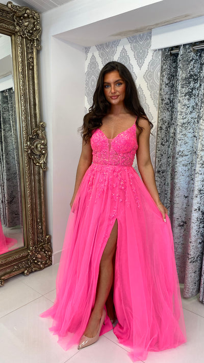 Hot Pink Glitter Corset Ball Gown