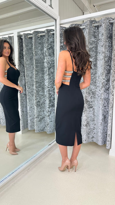 Black Jewelled Strappy Sides Midi Dress