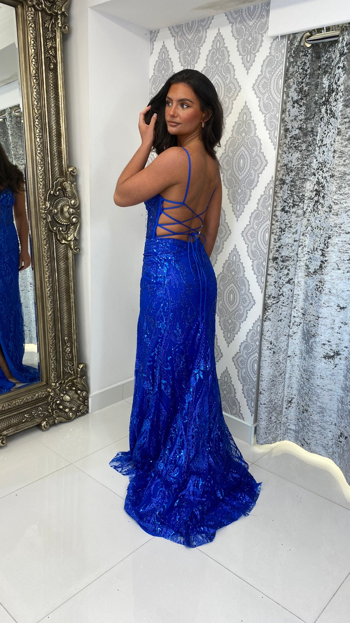 Royal Blue Glitter Backless Corset Full Length Gown