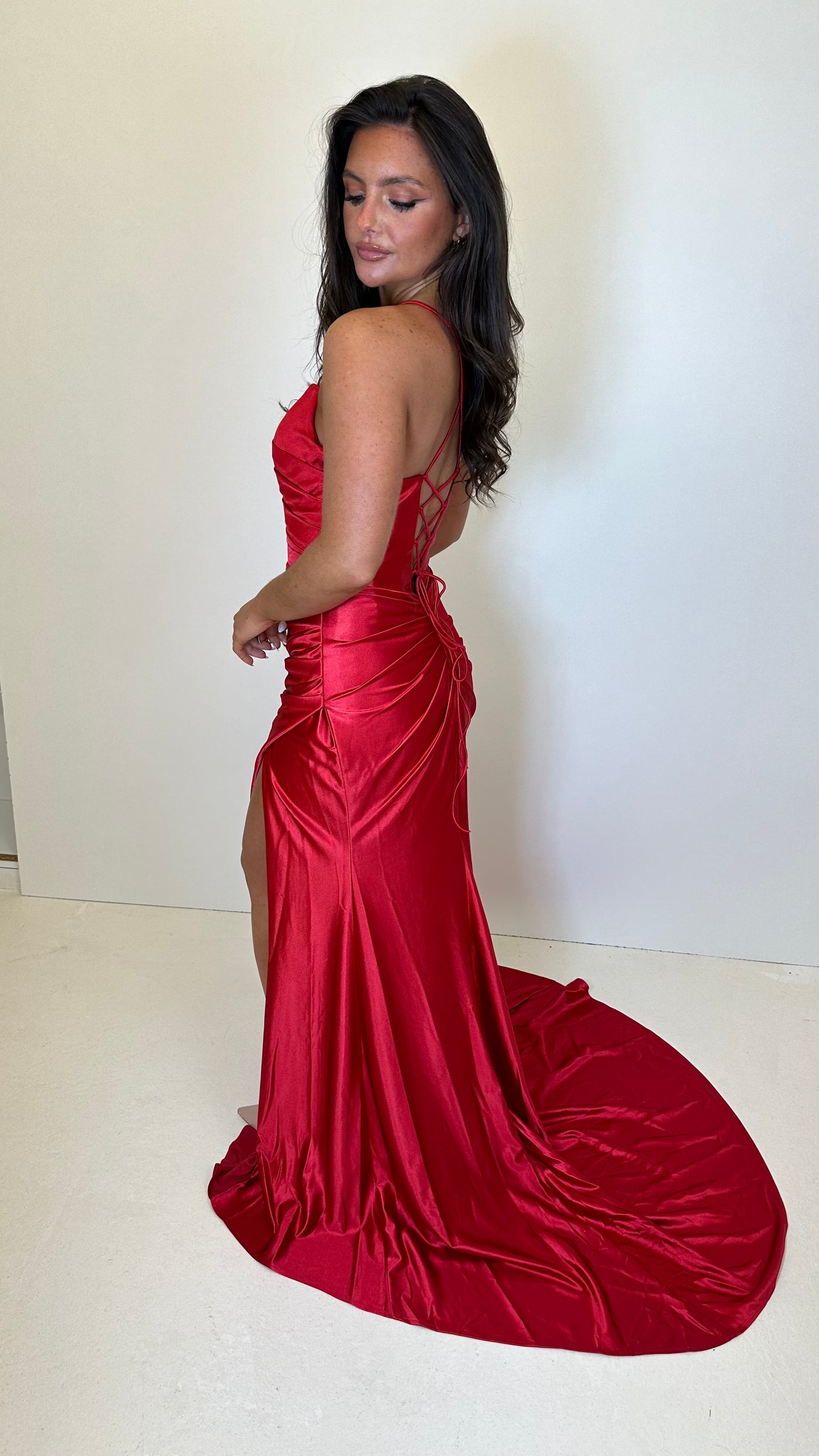 Red Ruched Satin Corset Full Length Gown