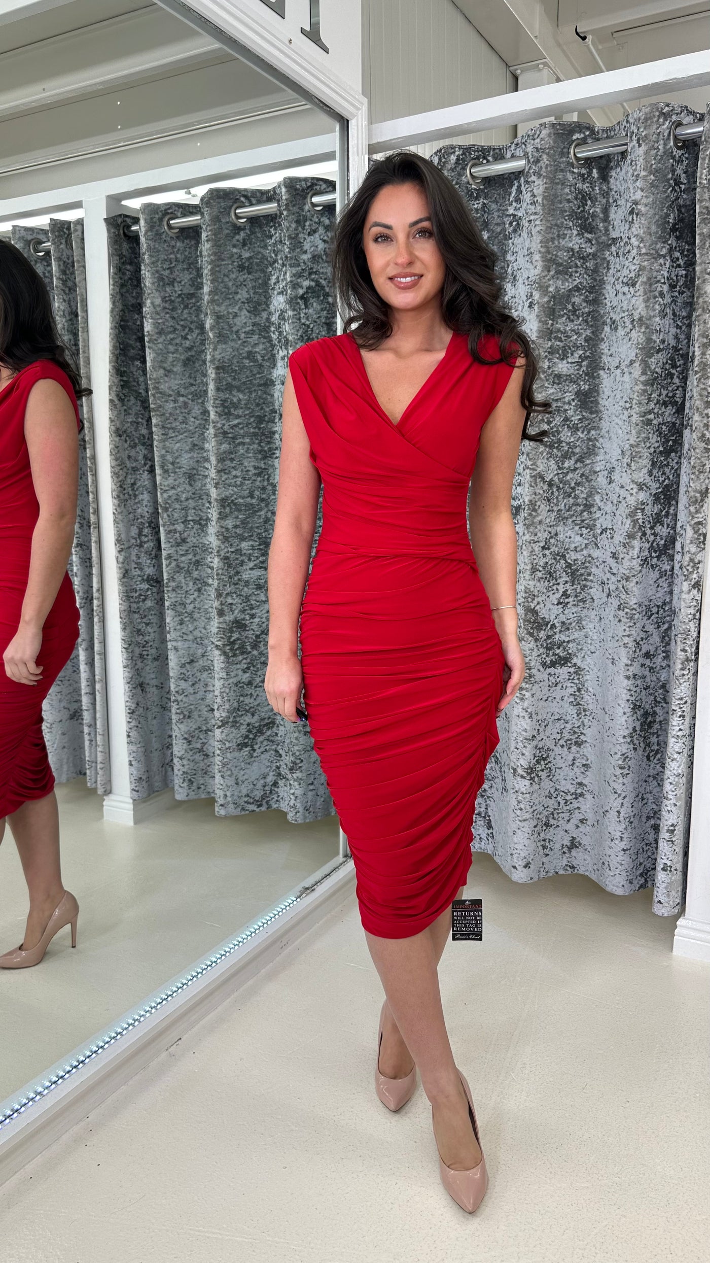 Red Ruched Jersey Midi Dress