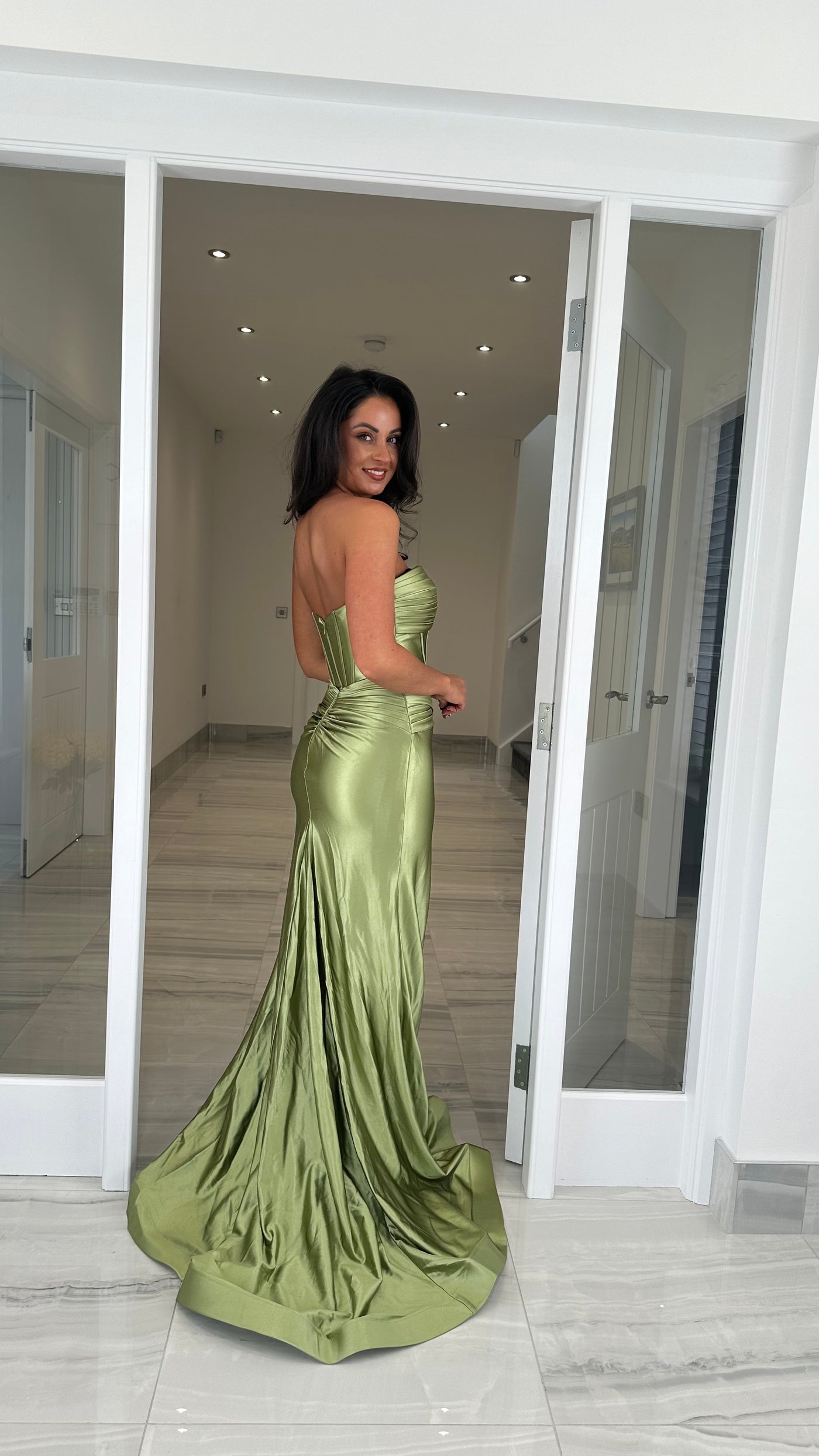 Olive Green Strapless Sweetheart Satin Gown