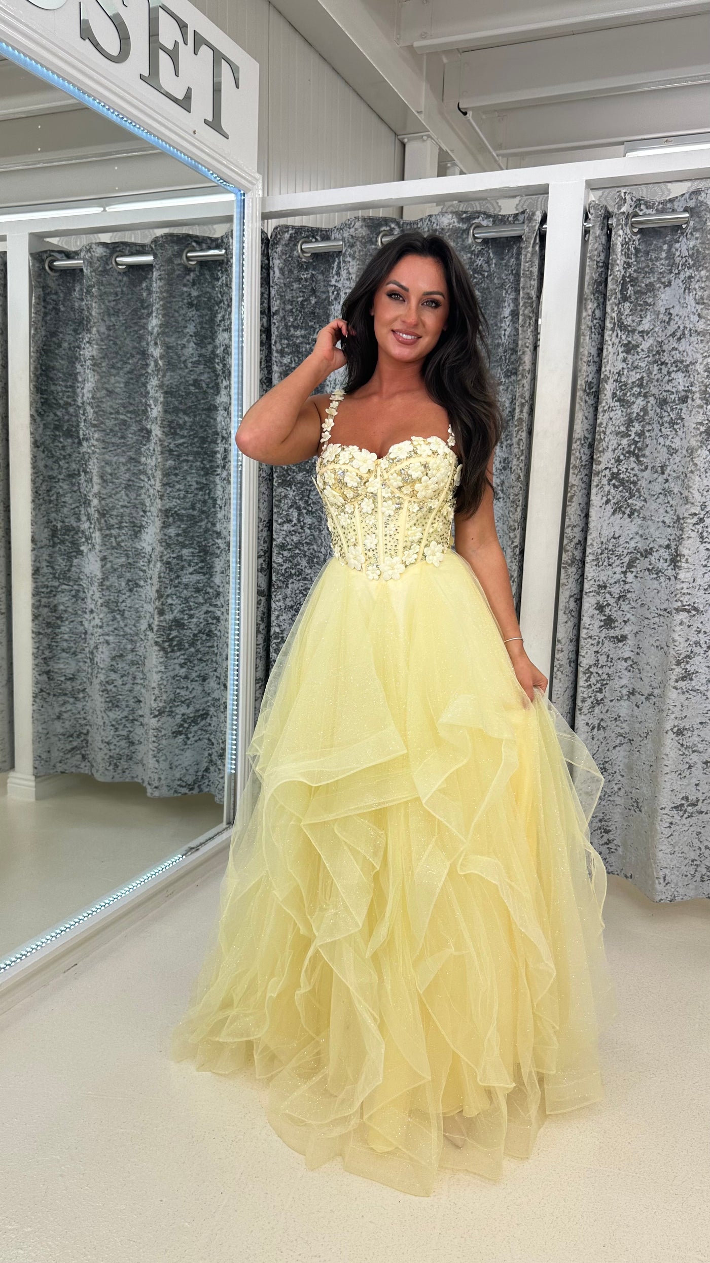 Lemon Flower Embroidery Corset Tiered Skirt Ball Gown