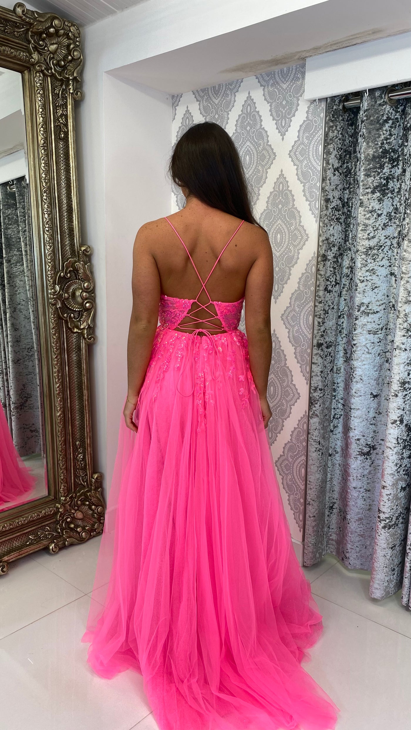 Hot Pink Glitter Corset Ball Gown