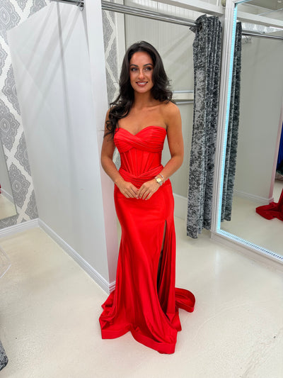 Bright Red Strapless Sweetheart Satin Gown