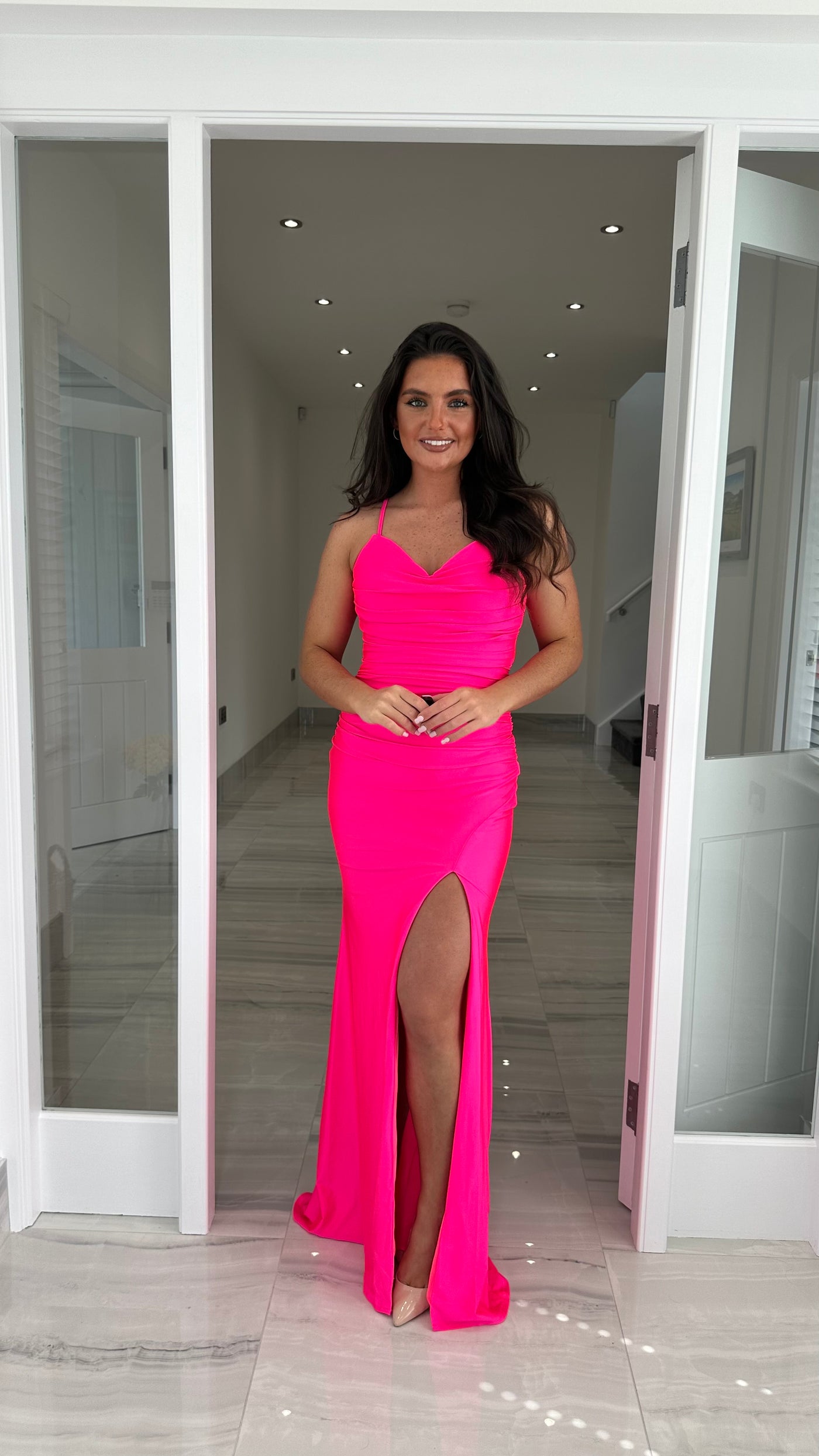 Bright Pink Ruched Strappy Open Back Evening Gown