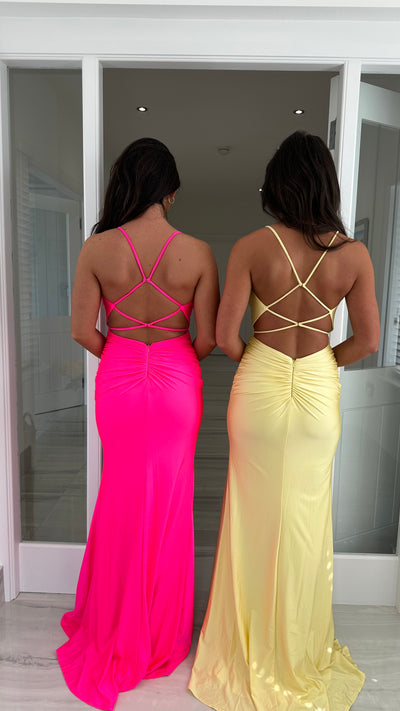 Bright Pink Ruched Strappy Open Back Evening Gown