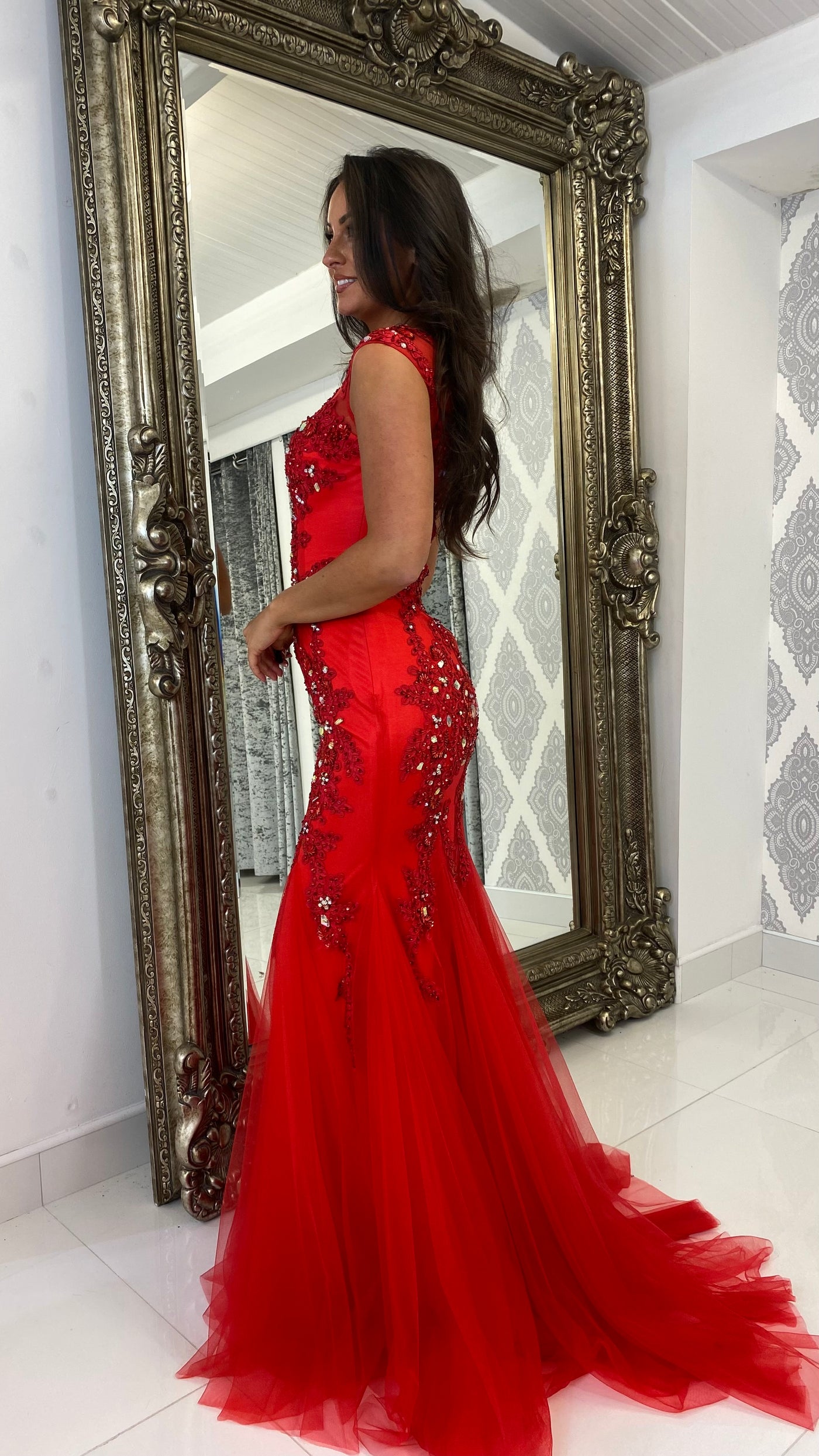 Red Jewelled Cap Sleeve Fishtail Gown