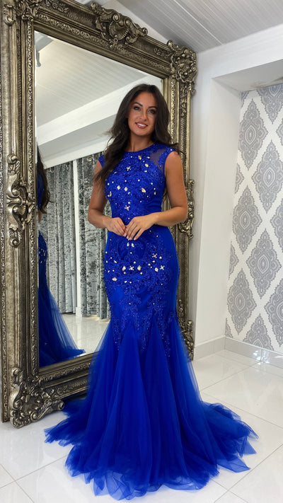 Cobalt Blue Jewelled Cap Sleeve Fishtail Gown