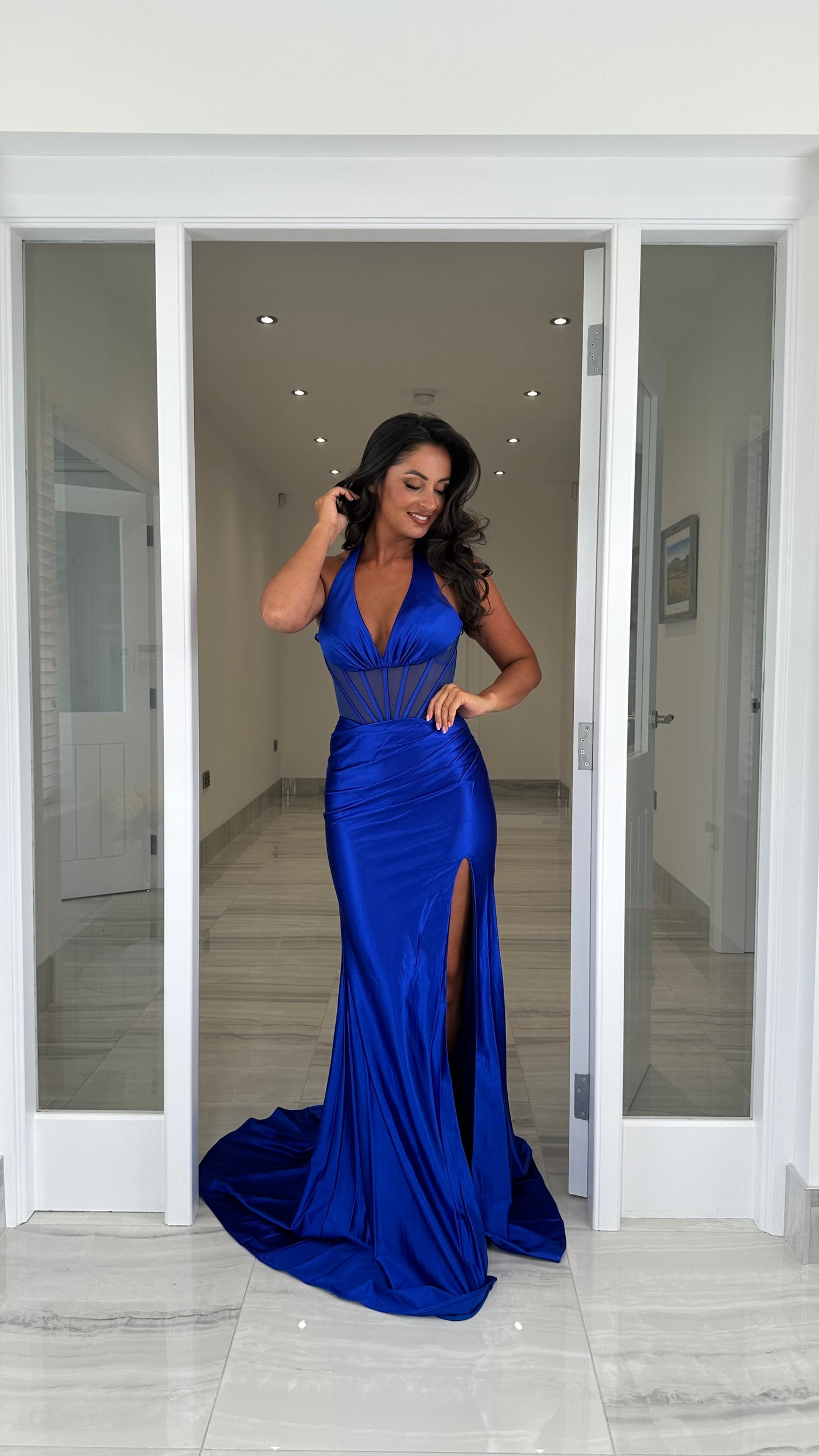 Royal Blue Mesh Corset Satin Halterneck Prom Dress