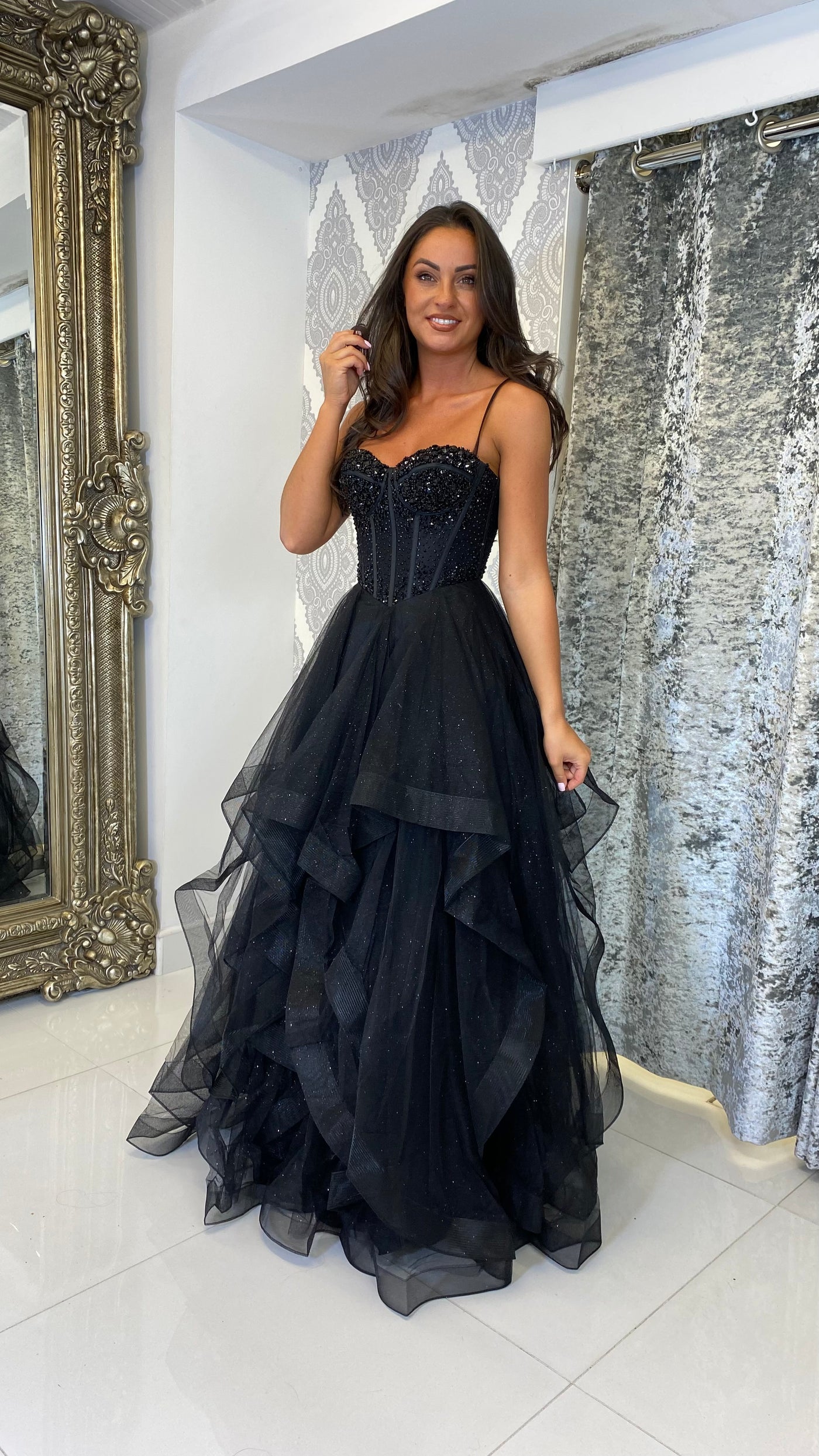 Black Corset Tiered Skirt Ball Gown