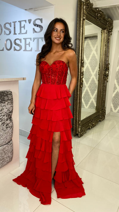 Red Strapless Sweetheart Ruffle Skirt Gown