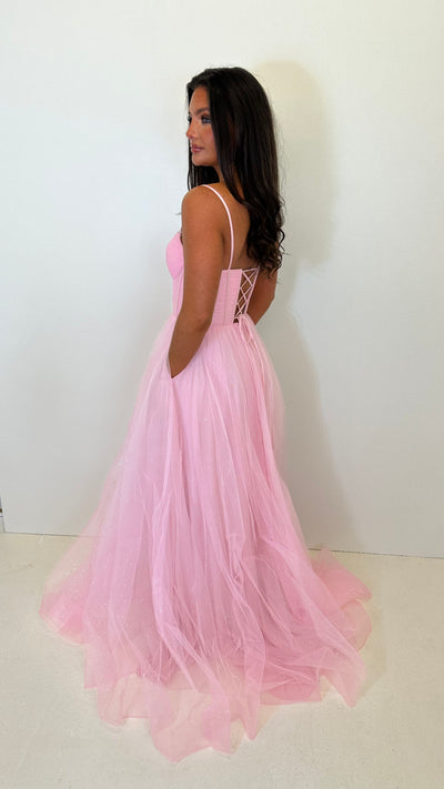 Baby Pink Glitter Corset Back Ball Gown Prom Dress