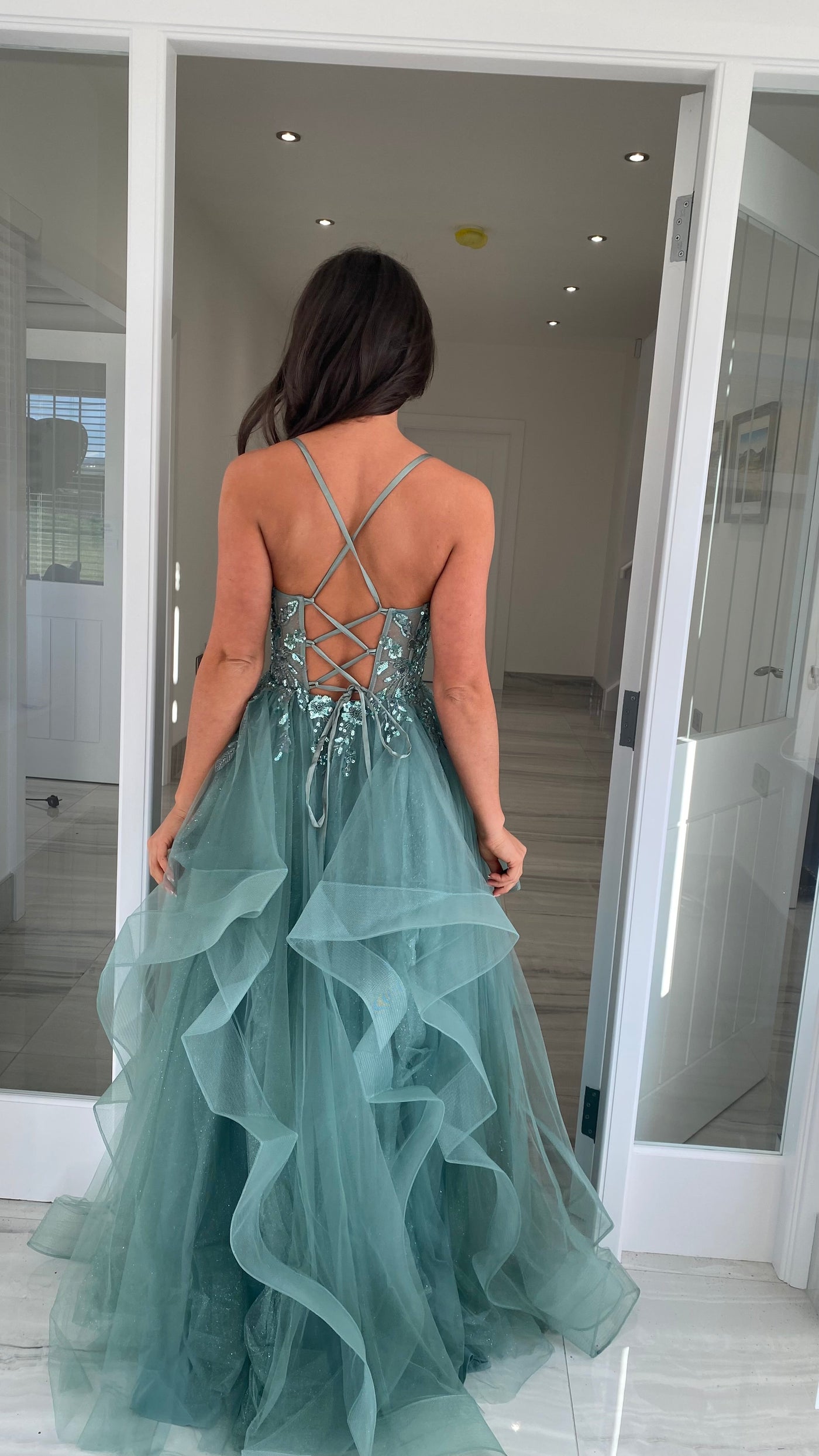 Sage Green Tiered Skirt Corset Ball Gown