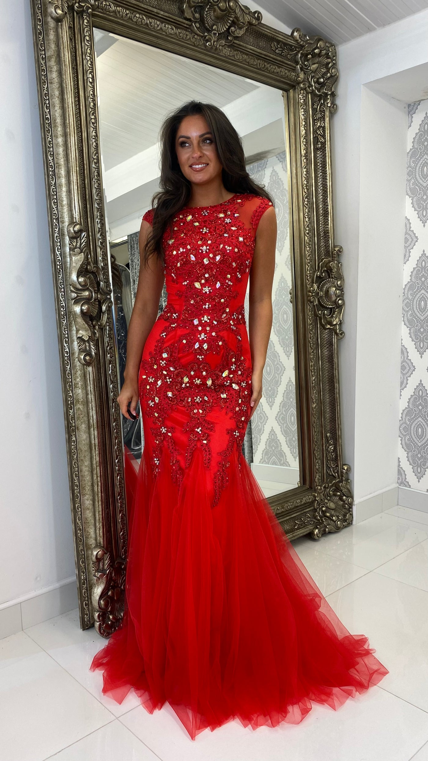 Red Jewelled Cap Sleeve Fishtail Gown