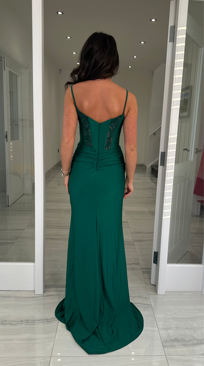 Emerald Green Ruched Bottom Jewel Detail Bodice