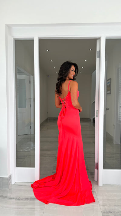 Bright Coral Corset Style Prom Dress