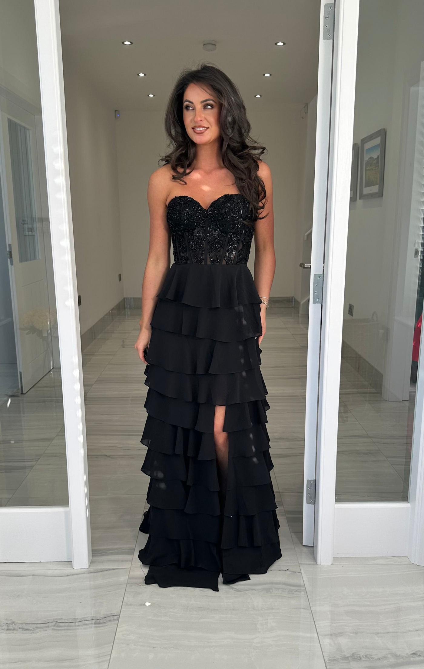 Black Strapless Sweetheart Ruffle Skirt Gown