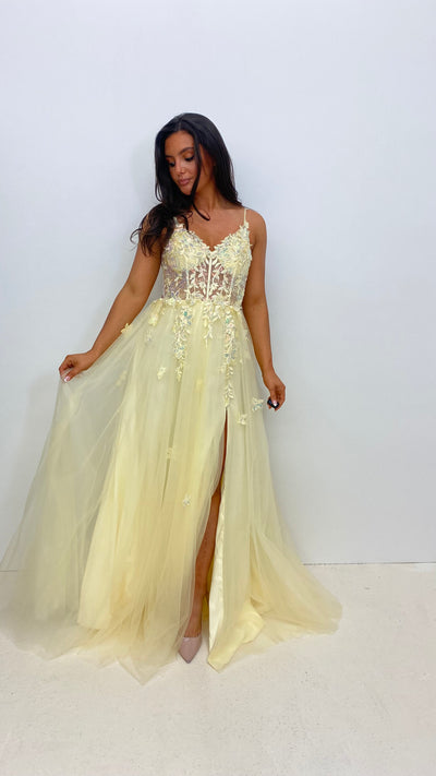 Lemon Flower Design Corset Ball Gown