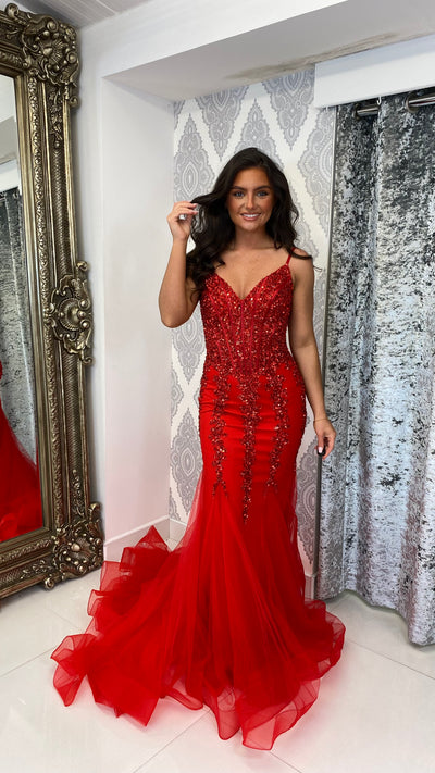 Red Jewell Corset Fishtail Prom Dress