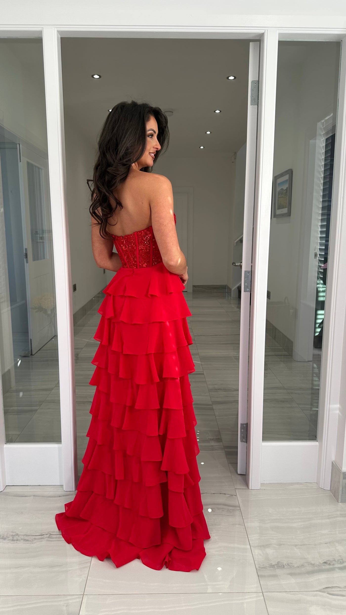 Red Strapless Sweetheart Ruffle Skirt Gown