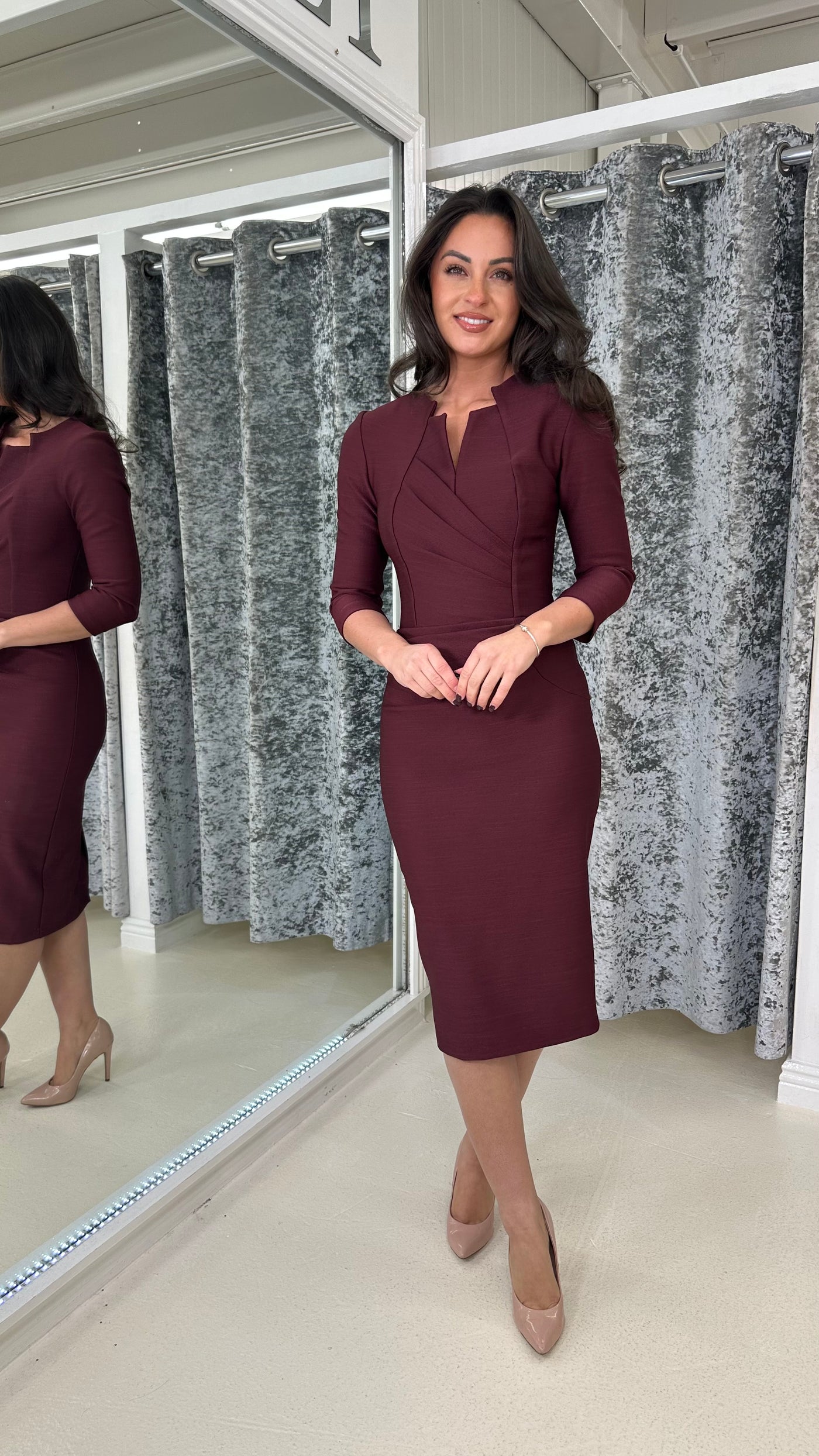 Burgundy Pleated Front V-Neck Midi Dress