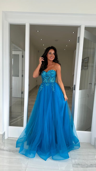 Aqua Mesh Corset Strapless Ball Gown