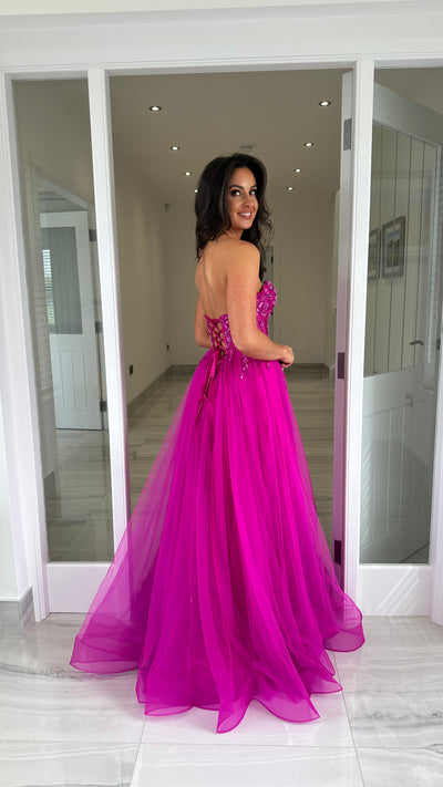 Magenta Mesh Corset Strapless Ball Gown