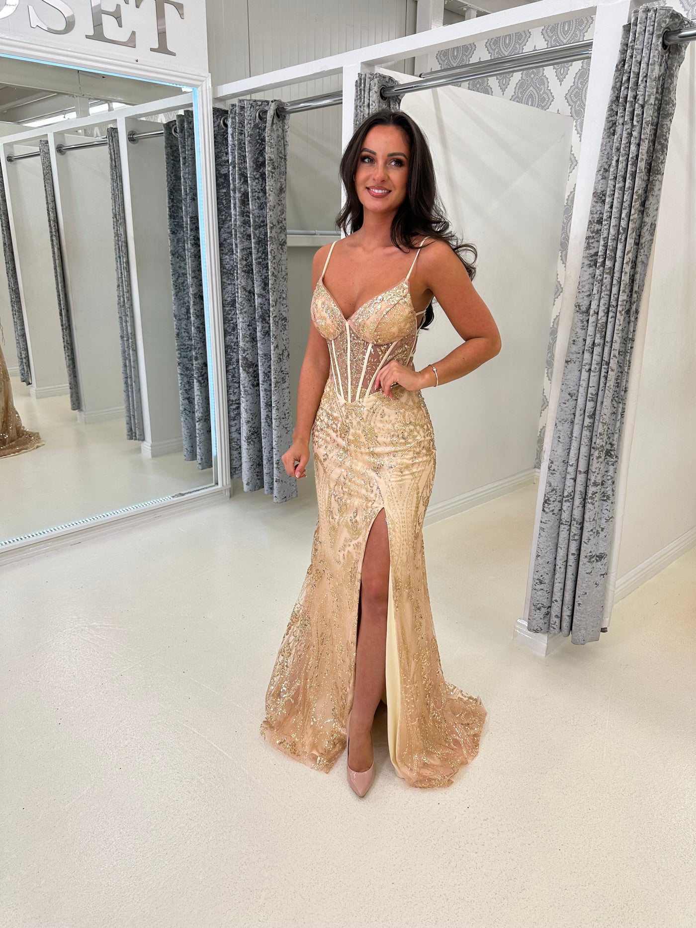 Rose Gold Glitter Backless Corset Full Length Gown