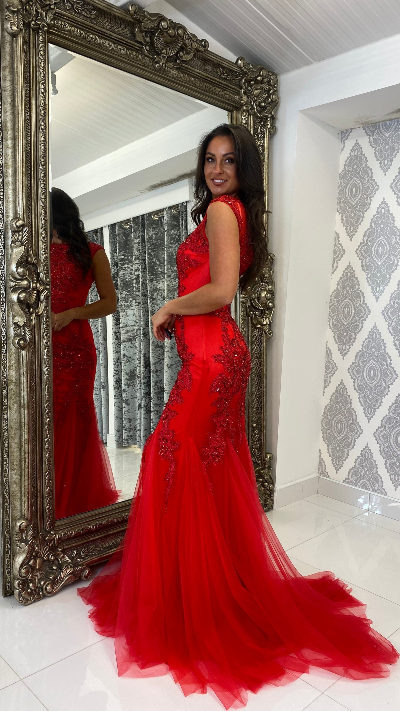 Red Cap Sleeve Jewelled Fishtail Prom Dress